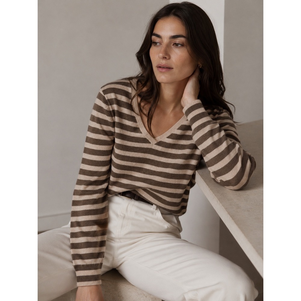 Alex Marie 100% Cashmere Sweater Womens Brown Tan Striped V-Neck Long Sleeve Med